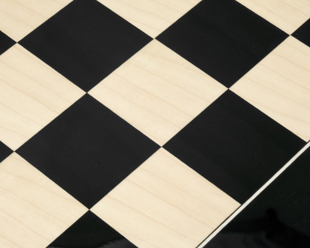 21.7 Inch gloss black anegre and maple deluxe chess board with high gloss finish and 2.2 inch playing squares, crafted in Spain by Rechapados Ferrer S.A.