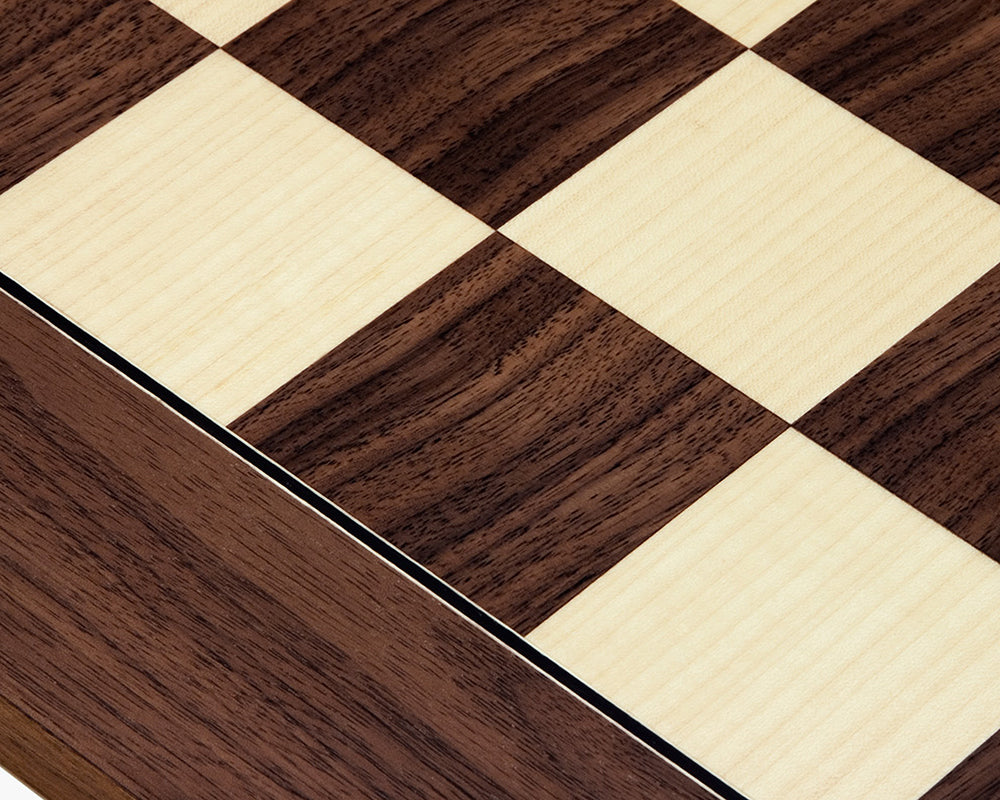 Close-up of 21.7 Inch Montgoy Palisander and Maple Deluxe Chess Board with 2.17 inch squares, crafted by Rechapados Ferrer in Spain.