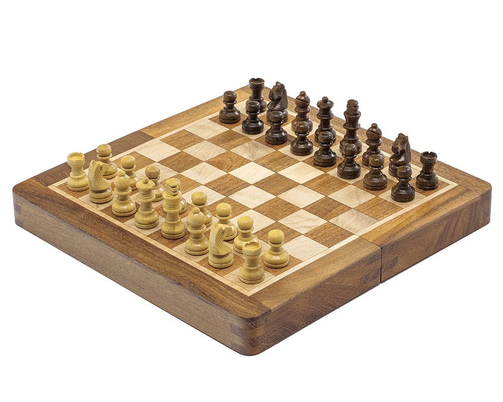 Deluxe Hardwood Folding Travel Chess Set - Magnetic 7.5 inch, Solid Wood inlaid board with miniature chess pieces against white background