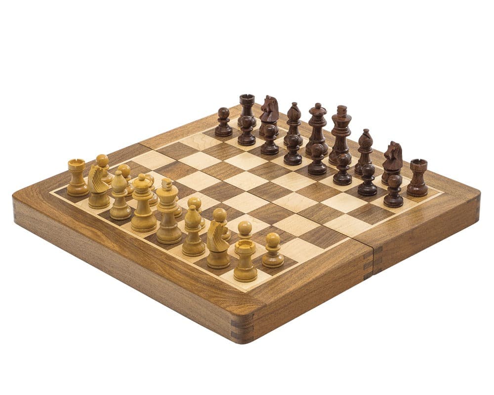 Deluxe 12 inch hardwood folding travel chess set with magnetic pieces detailed on a polished wooden chessboard.