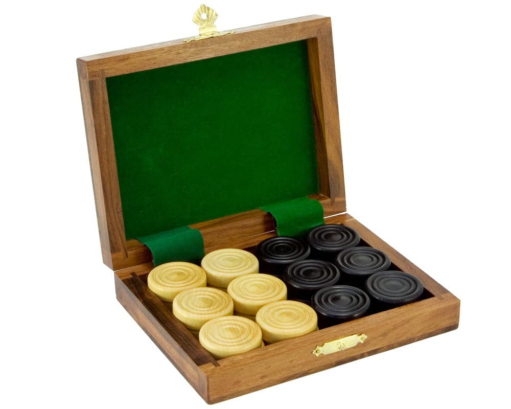 Sheesham and Boxwood Draughts Box Set with Handcrafted Pieces and Green Felt Lining