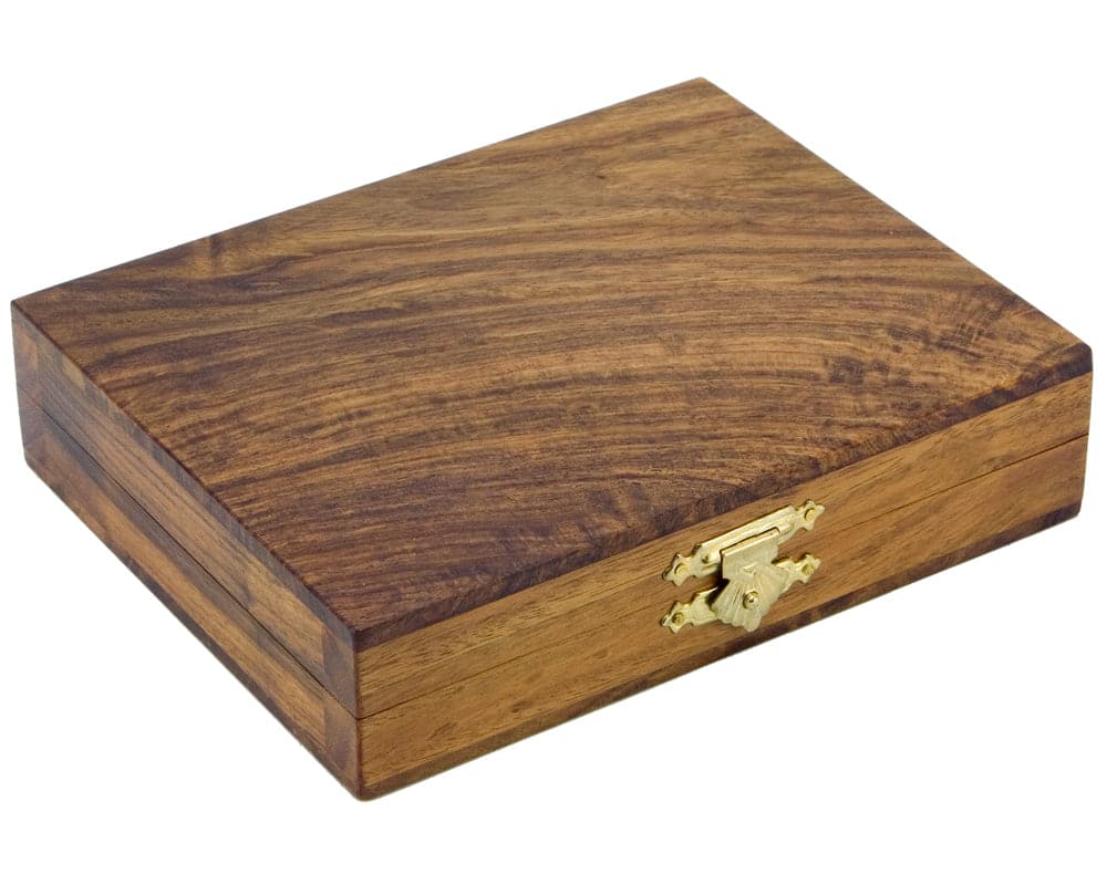 Solid Sheesham wooden draughts box with brass clasp, natural wax finish, ideal for 15-18 inch boards.