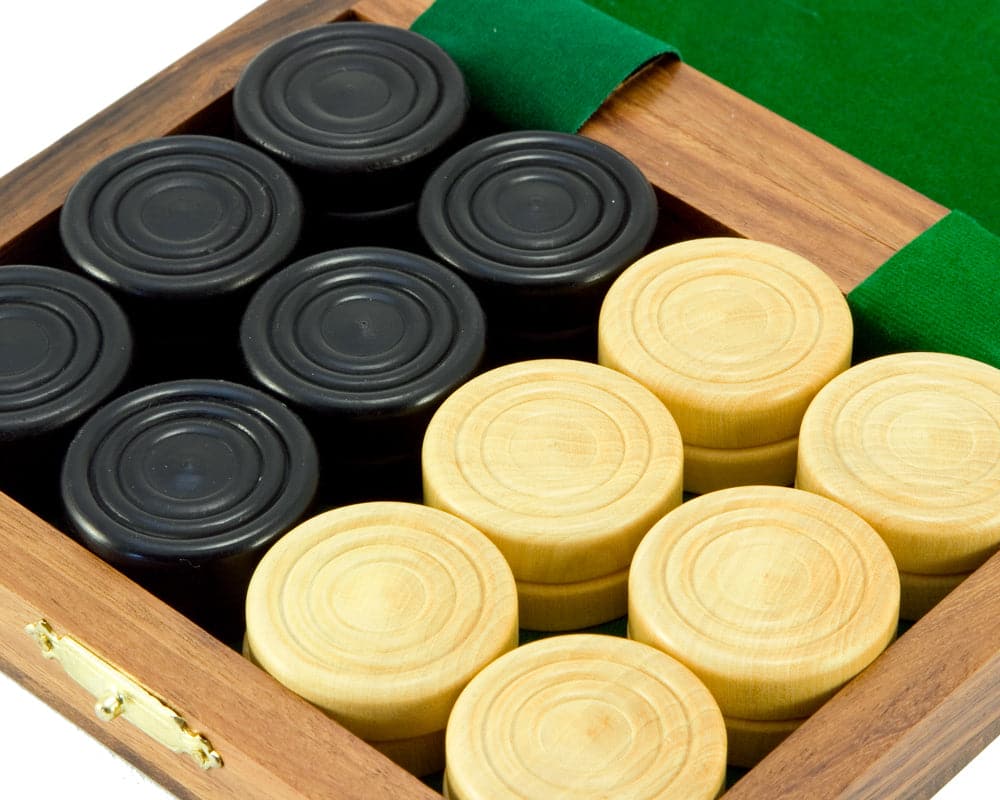 Sheesham and Boxwood draughts pieces in green felt-lined wooden box