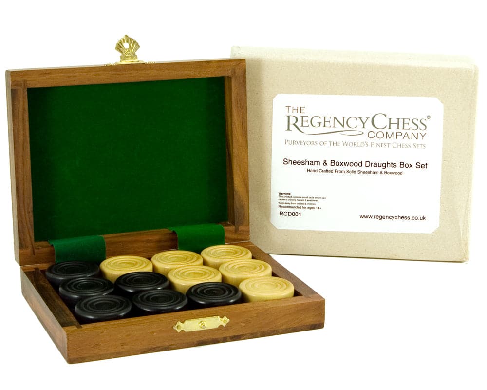 Sheesham and Boxwood Draughts Box Set with green felt lining and wax-polished finish, presented by Regency Chess Company