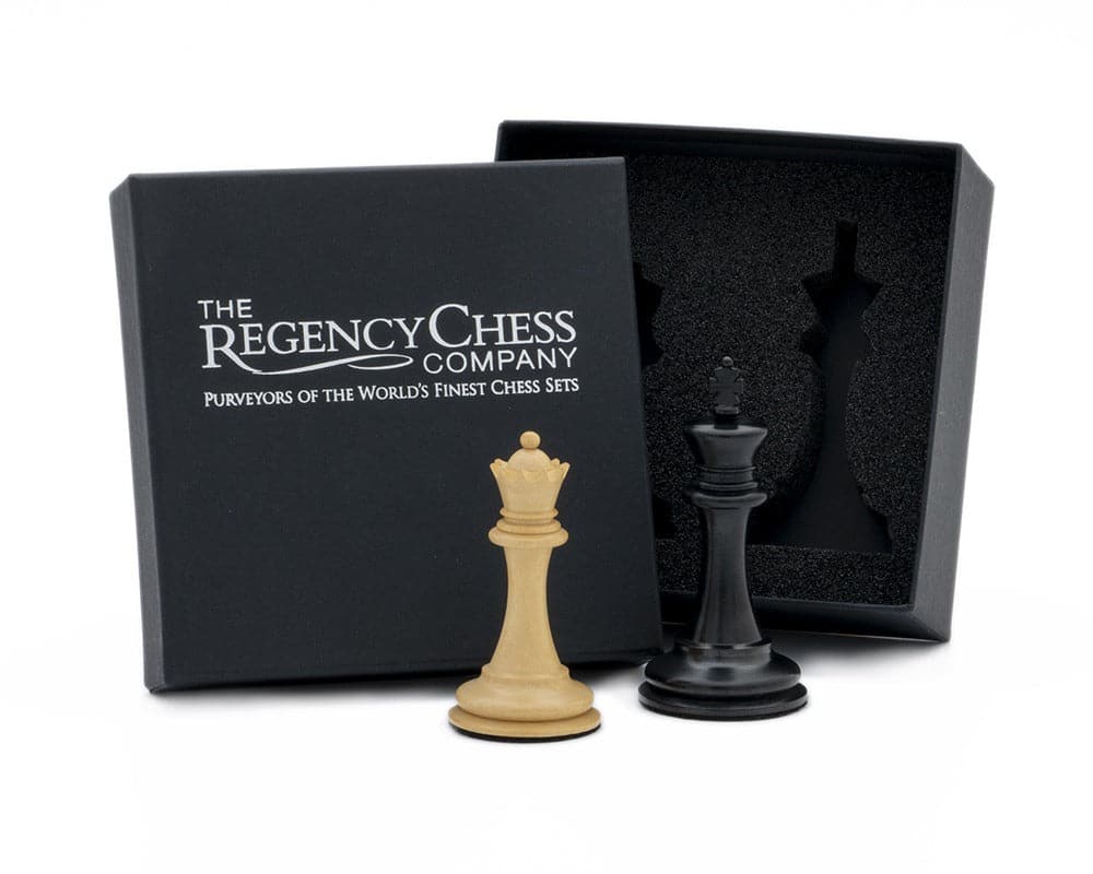 King and Queen Gift Set 3.5 inch Ebonised by The Regency Chess Company, featuring black and white chess pieces with a branded box.