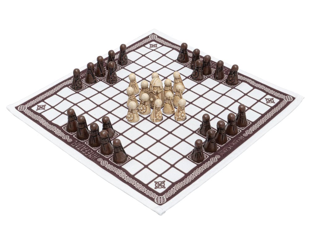 Hnefatafl - The Viking Game with white King, white Defenders, and dark Attackers on a linen playing surface.