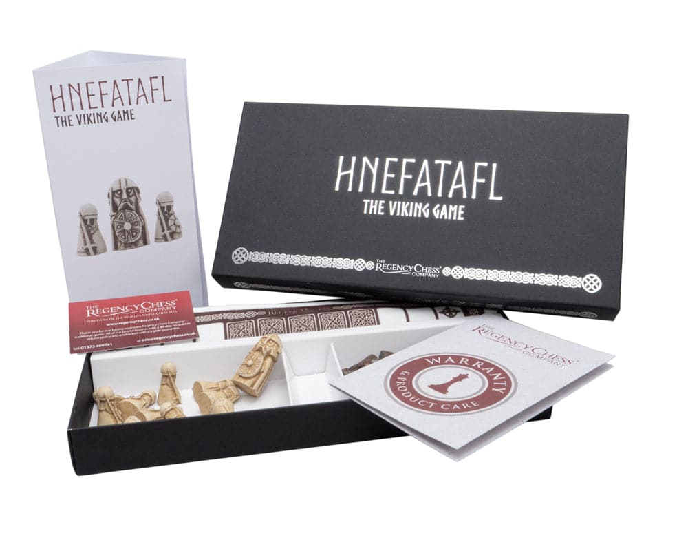 Hnefatafl - The Viking Game gift box with pieces, rules leaflet, and linen playing surface, made in the UK.