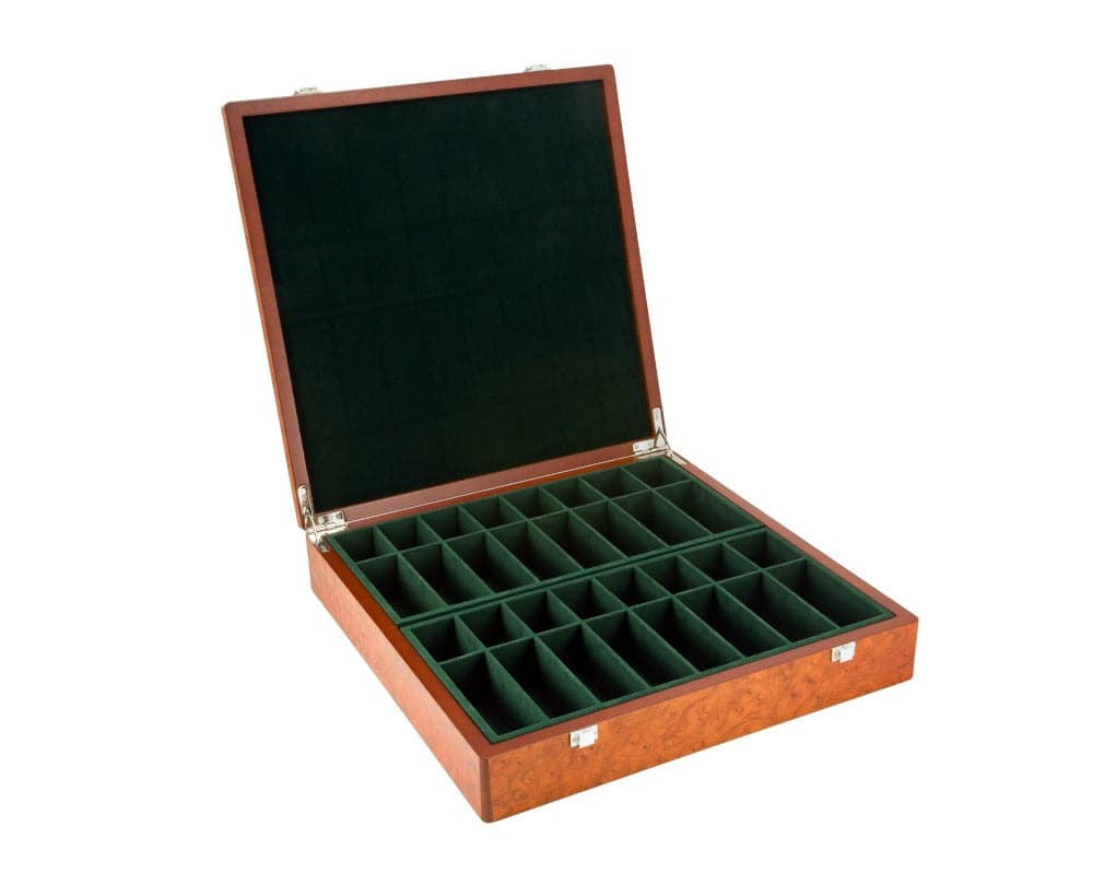 Root Wood Burl luxury chess piece case with large compartments and felt lining for 32 pieces, perfect for pieces with up to 1.7-inch base diameter.