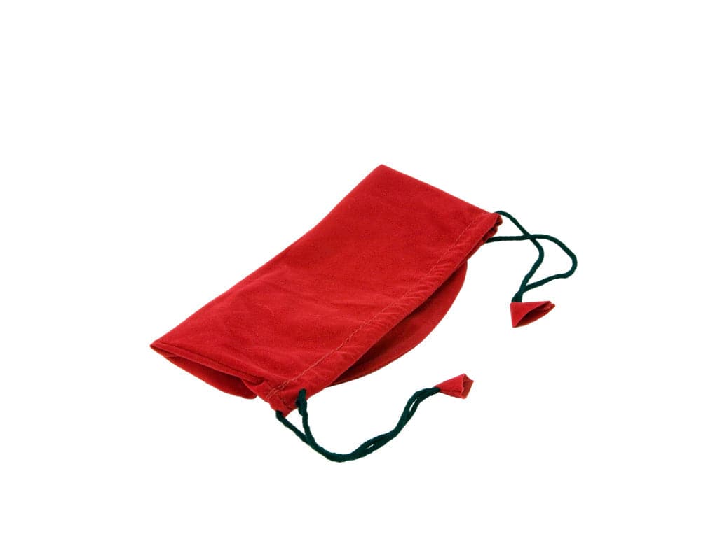 Red drawstring chess piece bag with plush corded fabric and coordinated tassels for storing chess pieces up to 4 inches tall.