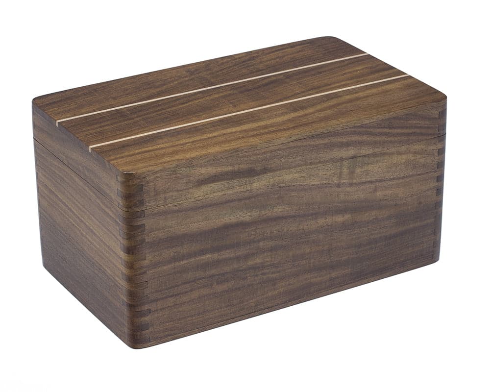 Polished Sheesham wood chess case with hinged lid, measuring 10 by 6 inches, ideal for storing chess pieces up to 4.5 inches in height.