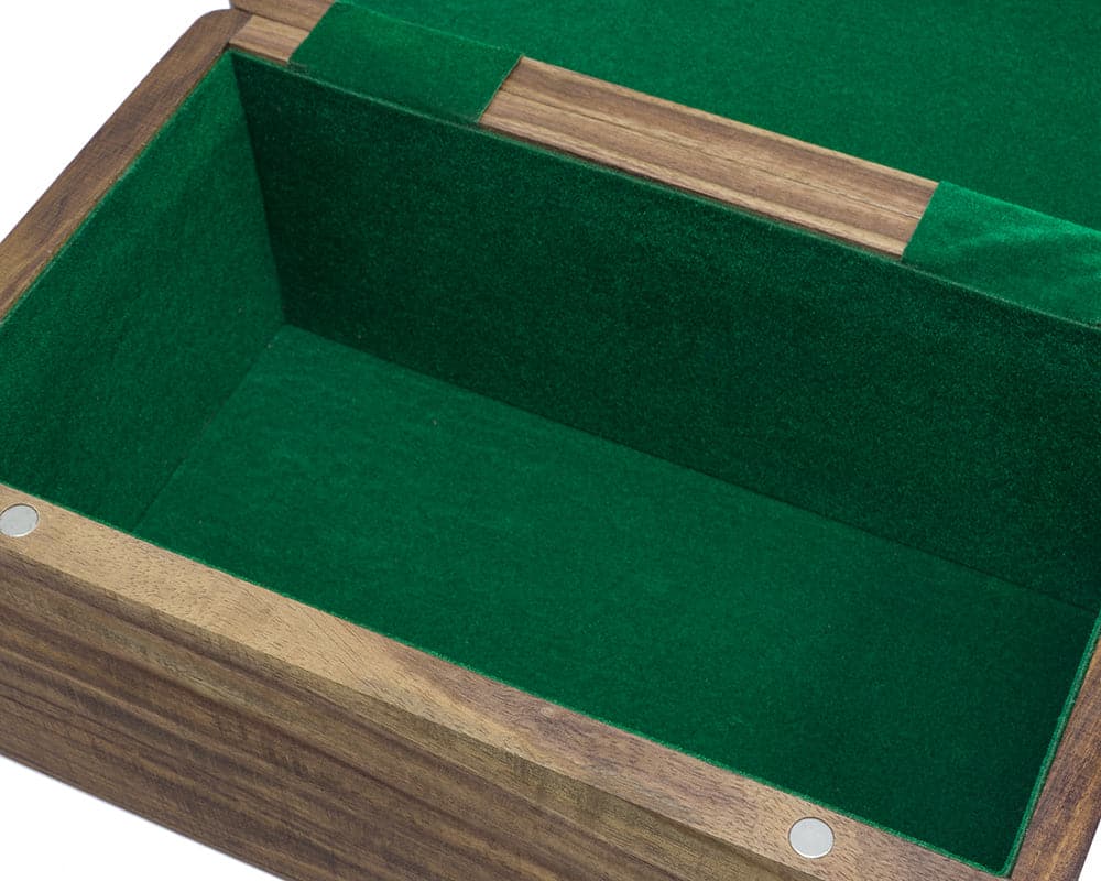 Open Sheesham wood chess case with green flocked compartment and hinged lid