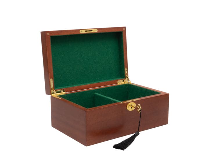 Deluxe Mahogany Chess Box with key, large size, maple/acer lining, green interior, secure lock, and tassel key, dimensions 26 x 20 x 13 cm