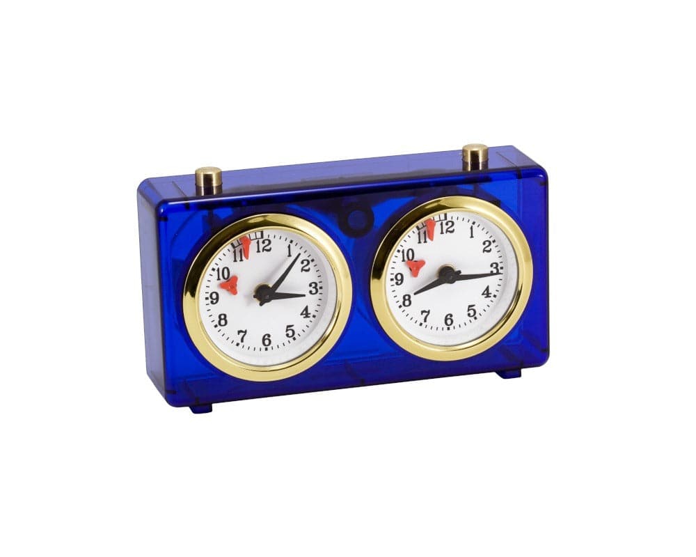 Traditional Turnier chess clock in blue transparent plastic with wind-up mechanism, no batteries needed, ideal for beginners and schools