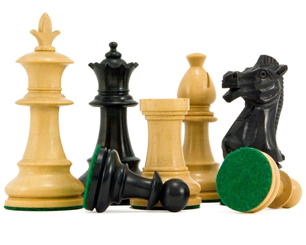 Flower Series Ebonised Staunton Chess Pieces, including a 3.25-inch king, weighted and felted, perfect for a 16-inch board with unique knight design