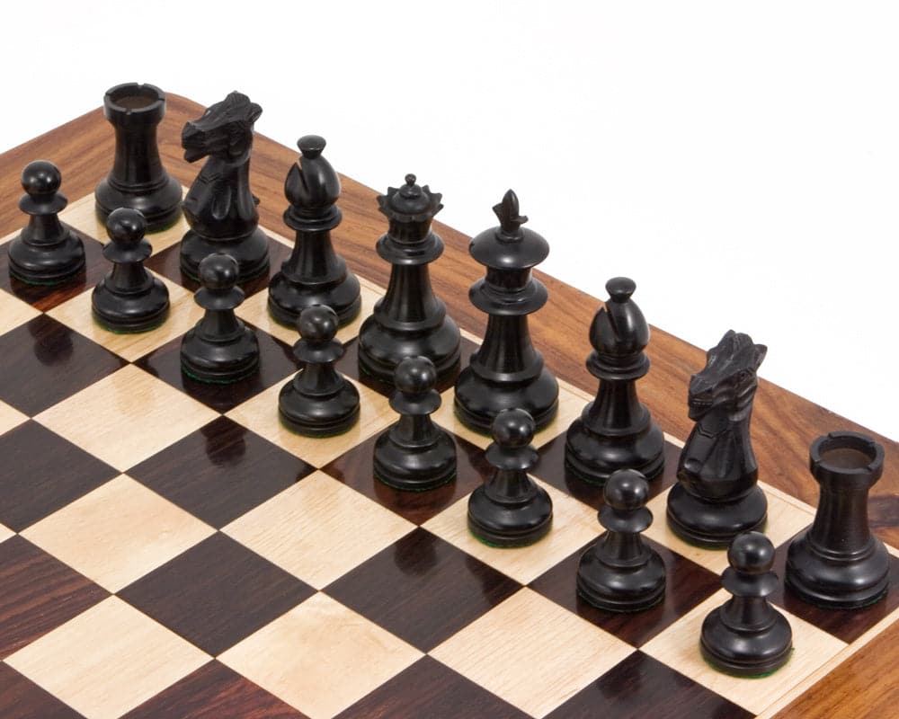 Flower Series Ebonised Staunton Chess Pieces on 16-inch board showing 3.25 inch king, knights with open mouths, high craftsmanship