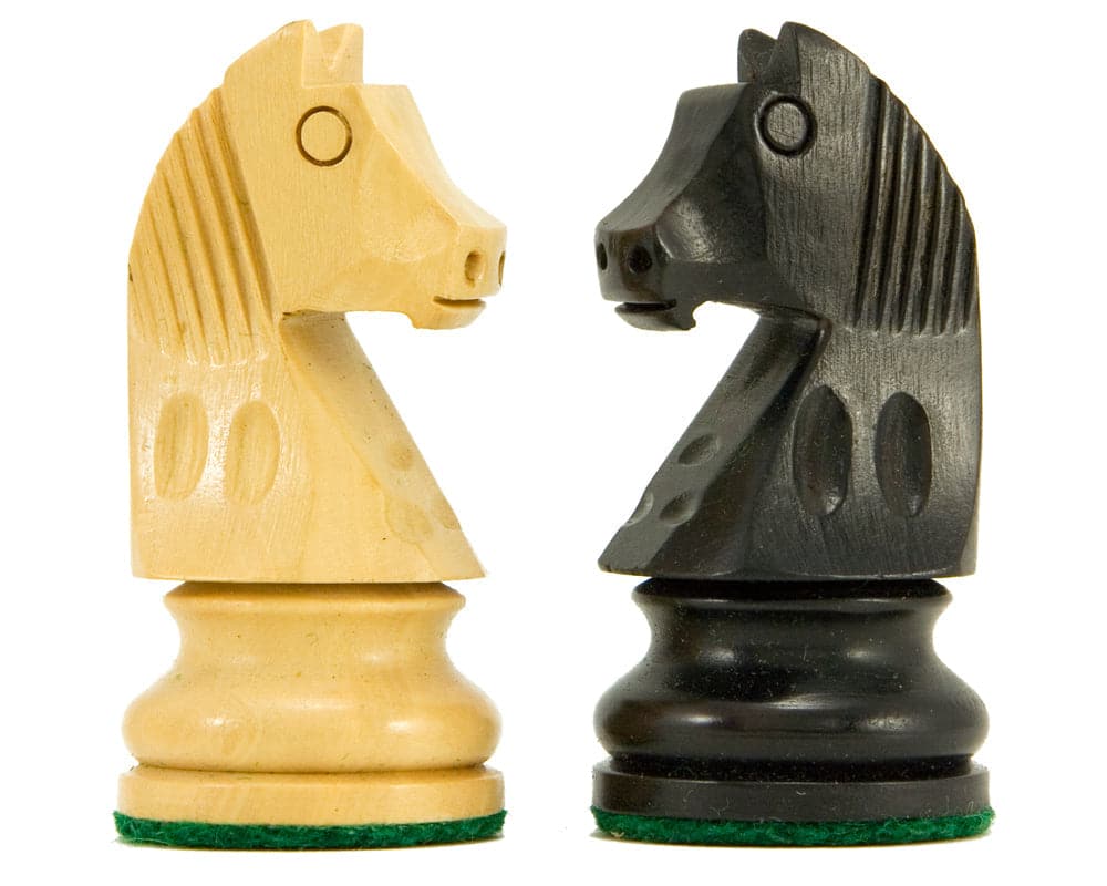 Down Head Knight Ebonised Staunton Chess Pieces 2.5 Inches - boxwood and ebonised boxwood knights. Classic Staunton design, weighted and felted bases.