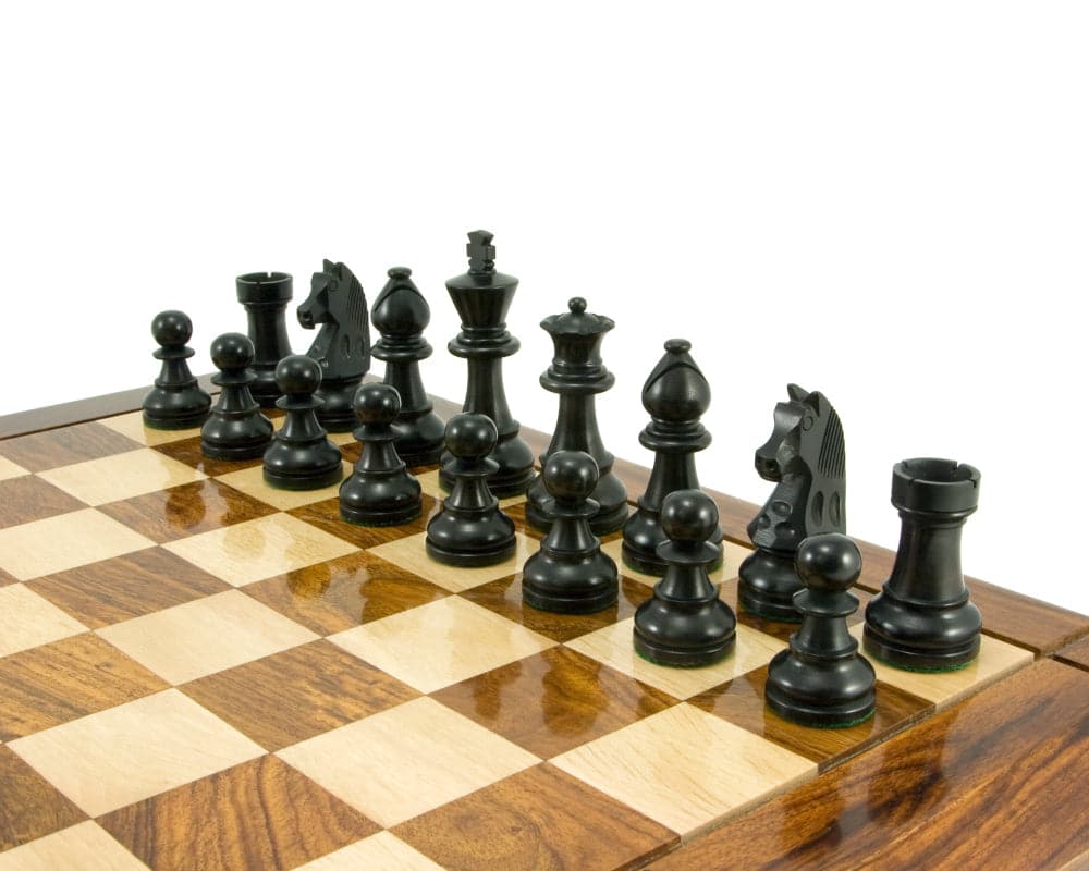 Down Head Knight Ebonised Staunton Chess Pieces on 17-inch board - 3.25 inch King, weighted and felted, crafted from boxwood, strong and robust