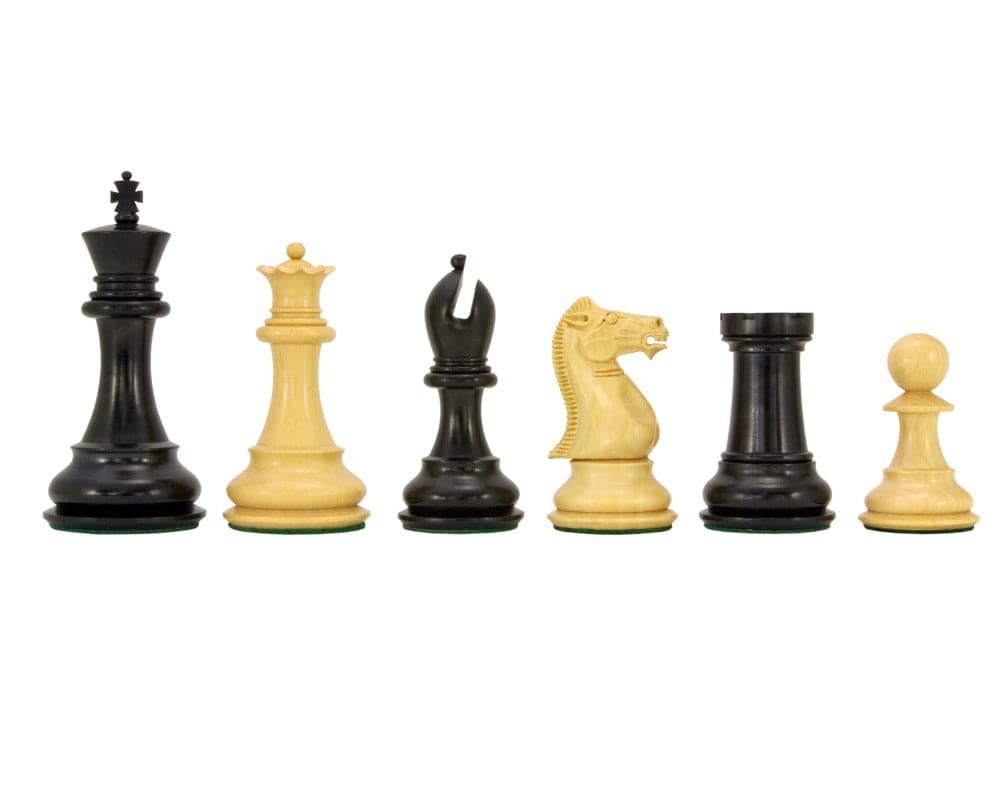 Sandringham Series Ebony Staunton Chess Pieces made from anjan wood. Weighted and felted, with 4 inch king, ideal for 20 inch board