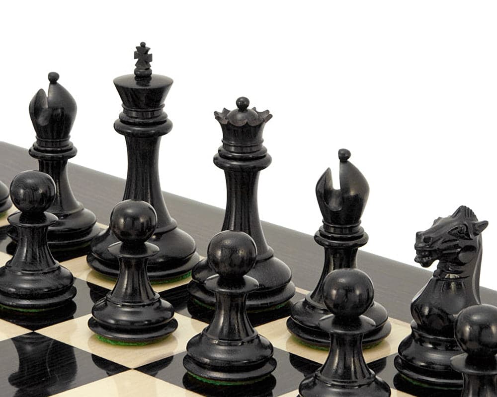 Sovereign Series Ebony and Boxwood Chessmen 3 inches - Classic Staunton design on chessboard.