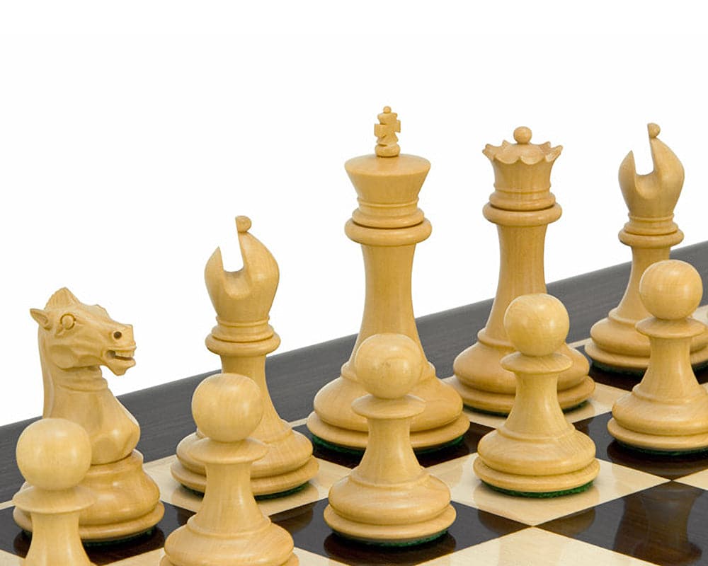 Classic Staunton Sovereign Series chessmen in ebony and boxwood on board - 3 inch king and 2 additional queens - Regency Chess