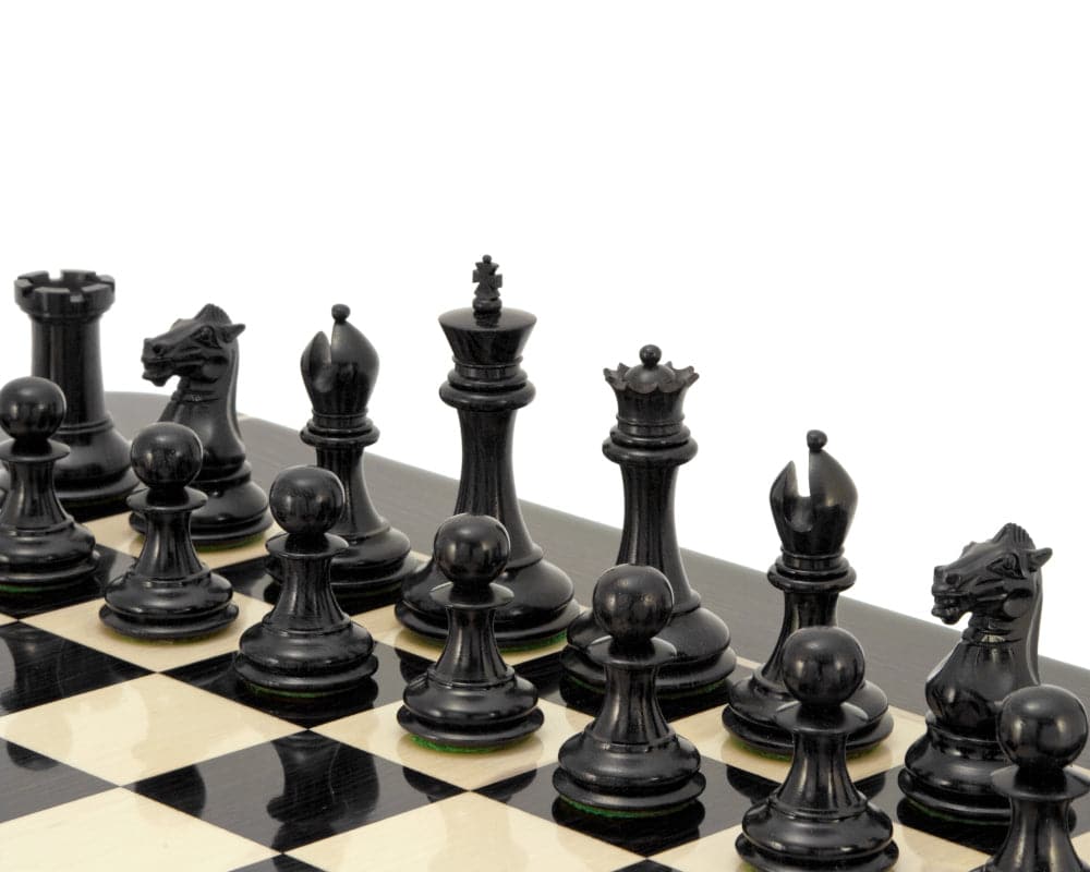 Sovereign Series Ebonised Boxwood Chessmen on Chessboard, Classic Staunton Design, 3 Inch King, Weighted, Billiard Cloth Bases, Regency Chess