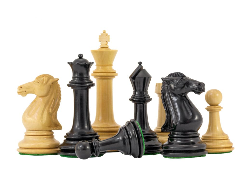 Ebony and Boxwood Parthenon Series Chess Pieces with 4.5 Inch King, Weighted for Balance, Green Billiard Cloth Bases, 2 Added Queens