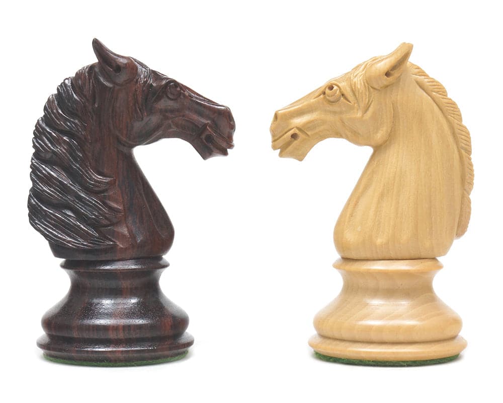 Luxurious Staunton Chess Set Rosewood and Boxwood Knights, 4.25 Inch High Detailed Carved, Part of Classic Chess Collection.