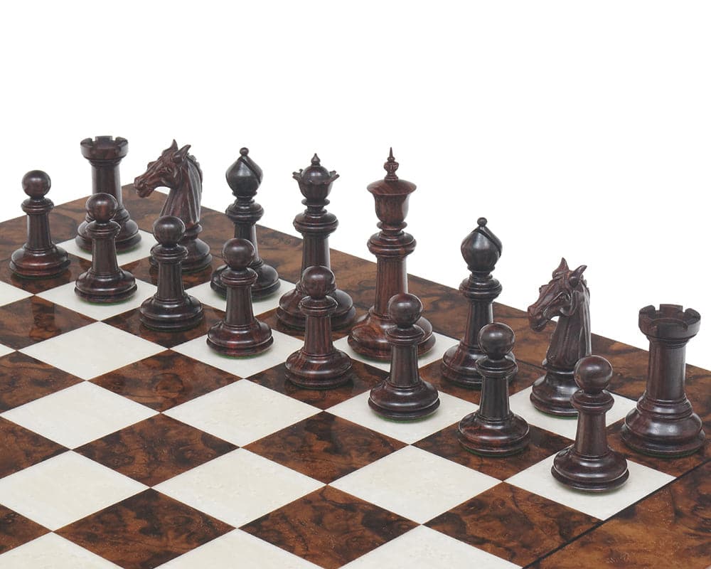 Classic Staunton Rosewood chess men on a marble chessboard including 4.25 inch king, beautifully crafted and weighted for balance