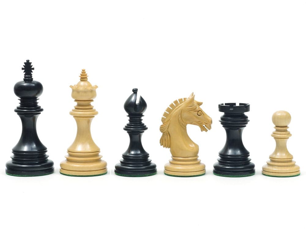 The Garvi Ebony Chessmen 4 Inches - Distinctively Staunton with Mughal influence, expertly crafted, weighted, with felt-covered bases.