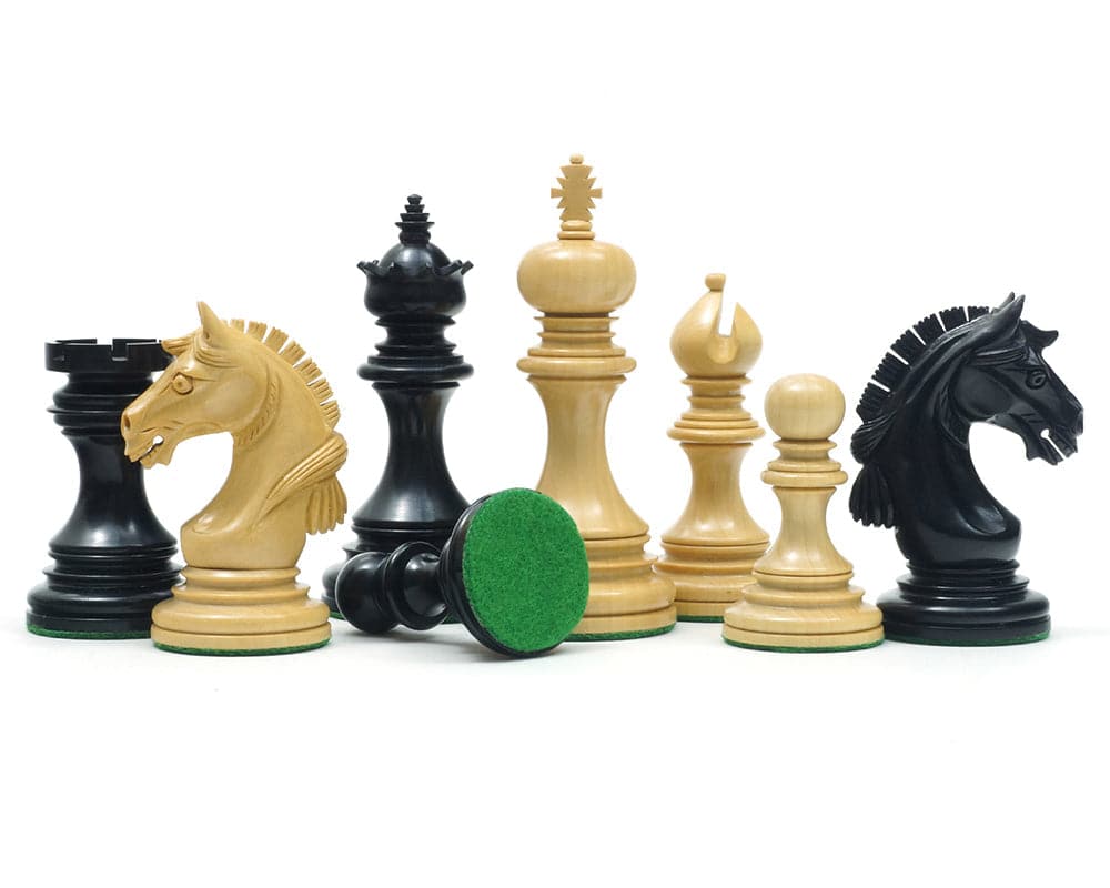 The Garvi Ebony Chessmen 4 Inches, Staunton with Mughal influence, 4 inch king, 2 additional queens, ebony chess pieces, billiard felt base