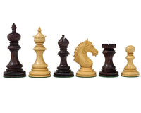 The Garvi 4 inch Rosewood Chessmen pieces including king, queen, bishop, knight, rook, and pawn crafted from solid rosewood.