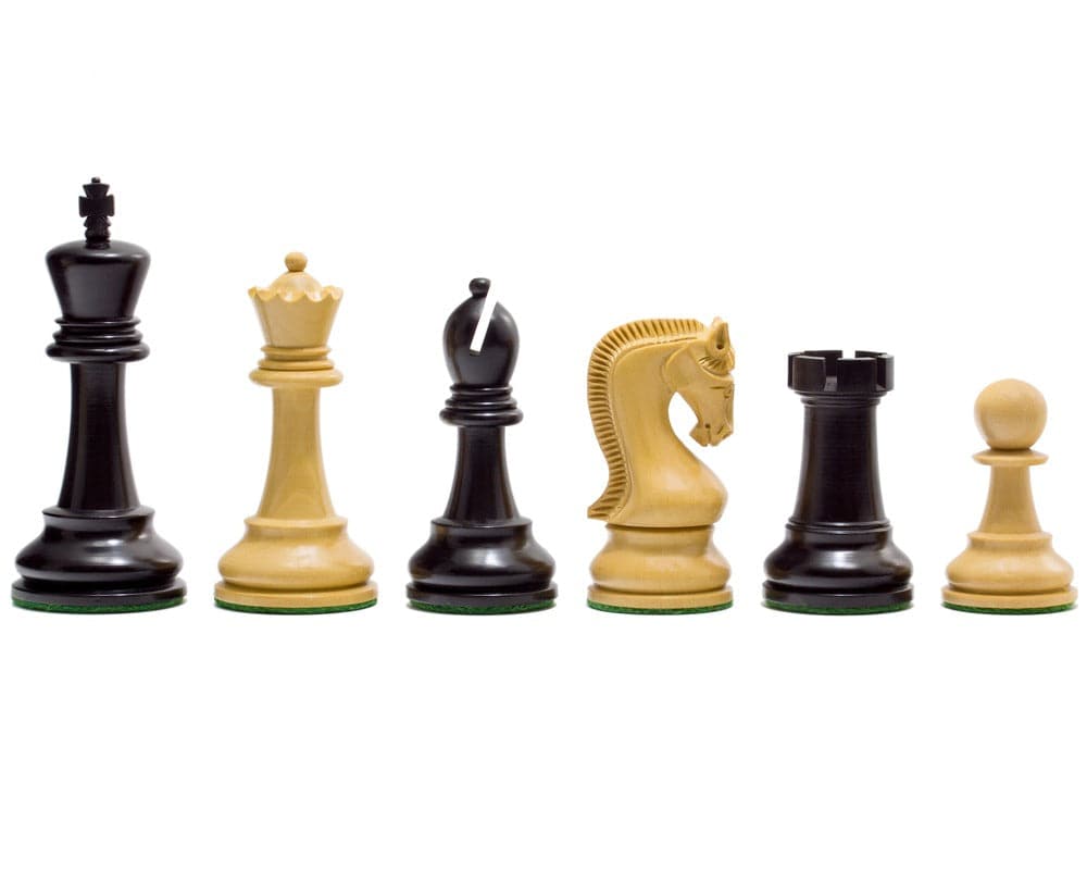 Leningrad Series Ebonised Chess Men 4 inch - detailed ebony chess pieces including king, queen, bishop, knight, rook, and pawn