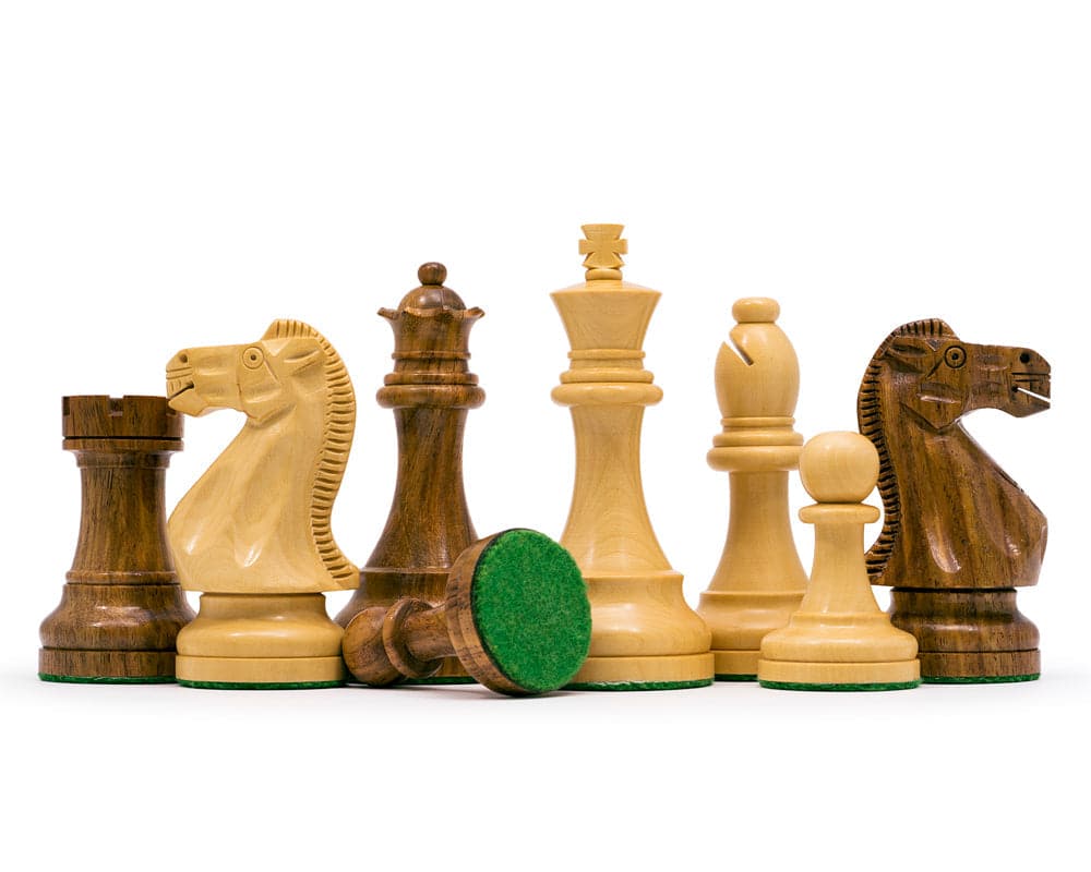 Broadbase Club Staunton 3.75 inch teak chess men set with wide felted bases and weighted pieces in classic Staunton style