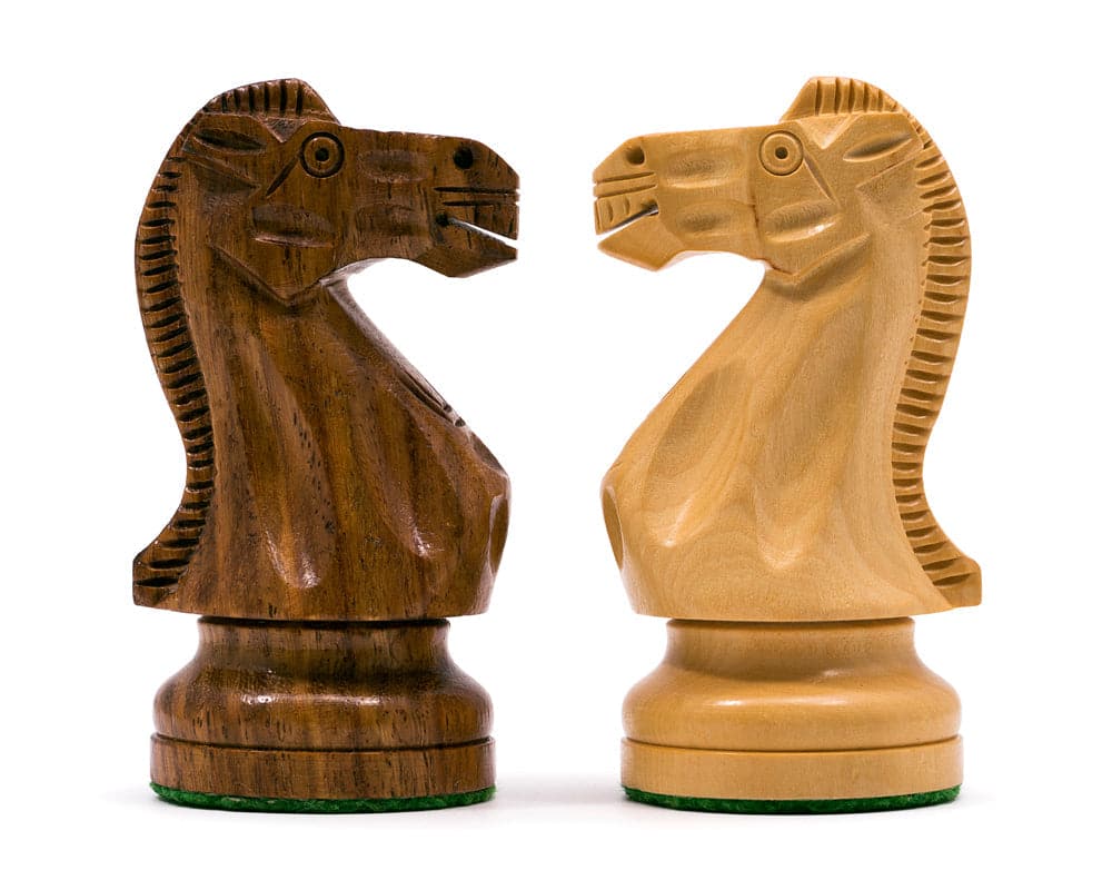 Teak Staunton style chess knights with wider felted bases from Broadbase Club collection.