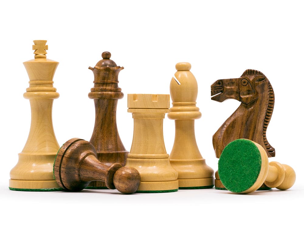 Broadbase Club Staunton 3.75 inch teak chess men with wider, felted bases displayed on a board.