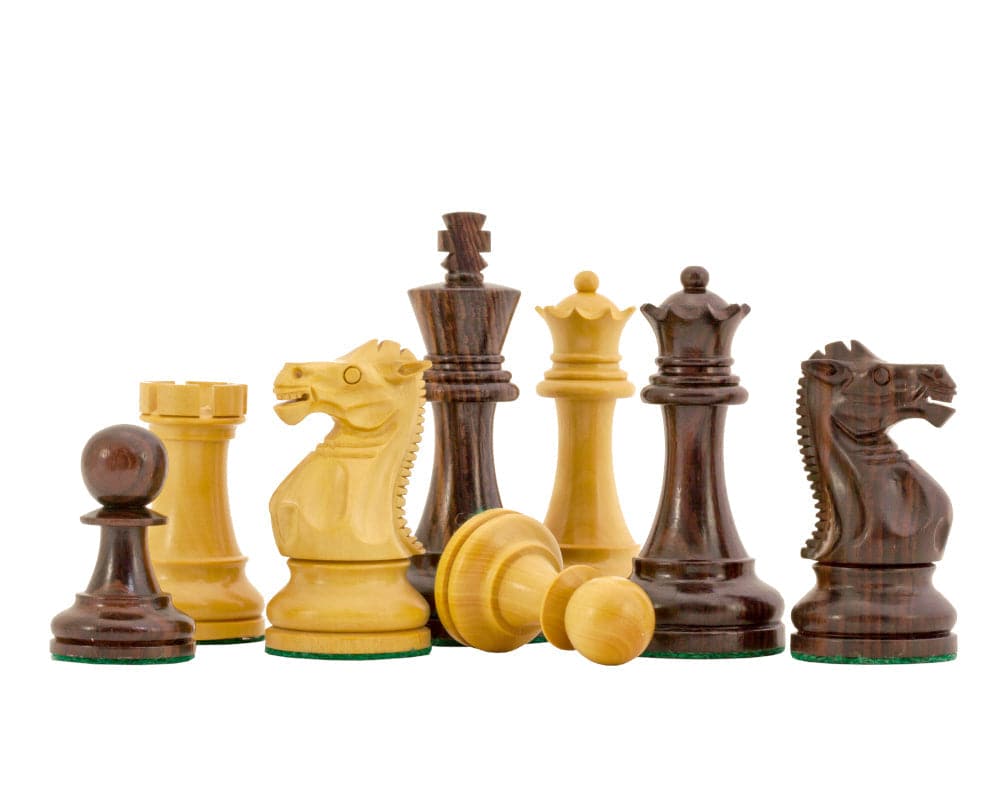 Rosewood Staunton Deluxe Chessmen 3.75 inch, hand-crafted and exquisitely detailed king, queen, rooks, bishops, knights, and pawns.