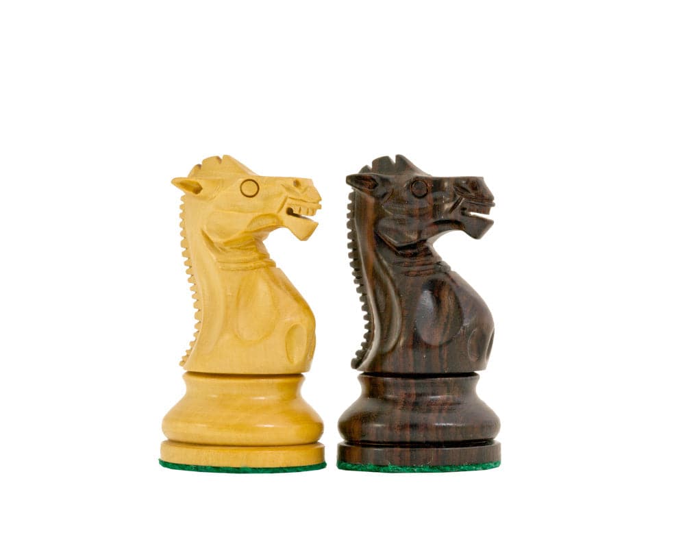 Handcrafted rosewood and boxwood Staunton chess knights, detailed and polished, from the Rosewood Staunton Deluxe Chessmen set.