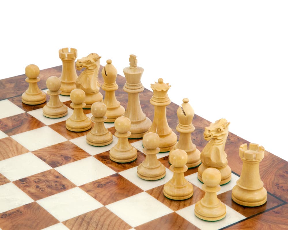 Handcrafted rosewood Staunton chessmen on chessboard with 3.75 inch king, weighted and felted, carved pieces, tournament-size set.