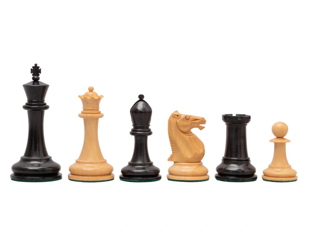 The 1853 Paulsen Reproduction 3.5 inch Chess Men in Ebony and boxwood showcasing traditional Staunton design and fine detail.