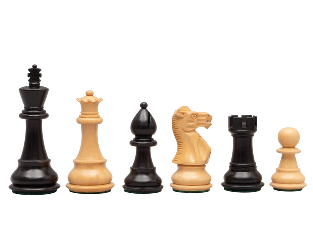 3.5 Inch Classic Staunton chessmen ebonised, traditional design, weighted and felted chess pieces, expertly turned from boxwood.