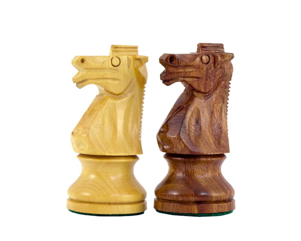 Leningrad Anjan Chess Men - Walnut and Maple Knight Pieces on Display