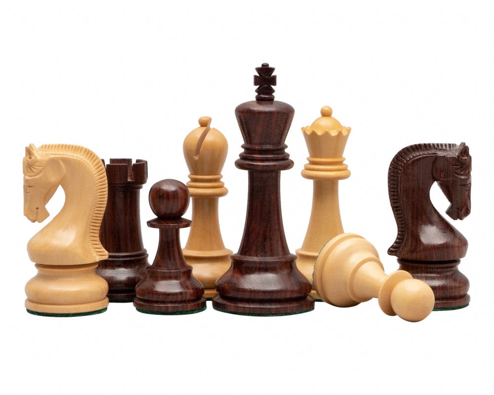 Leningrad Anjan Chess Men 4 inch set, detailed walnut and maple chess pieces crafted in Italy, perfect for the 17 inch Walnut and Maple cabinet board