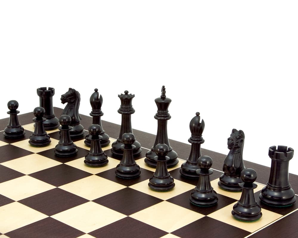 Oxford Series Black and Wenge Chess Set with handcrafted Staunton design chessmen and wenge maple board, featuring a 3.75 inch king.