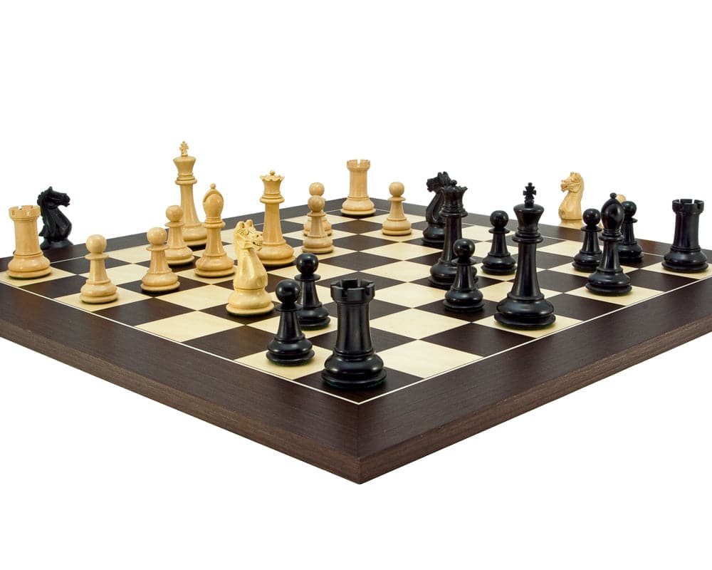 Oxford Series Black and Wenge Chess Set with hand-crafted Staunton chessmen on a wenge and maple board in a mid-game position.