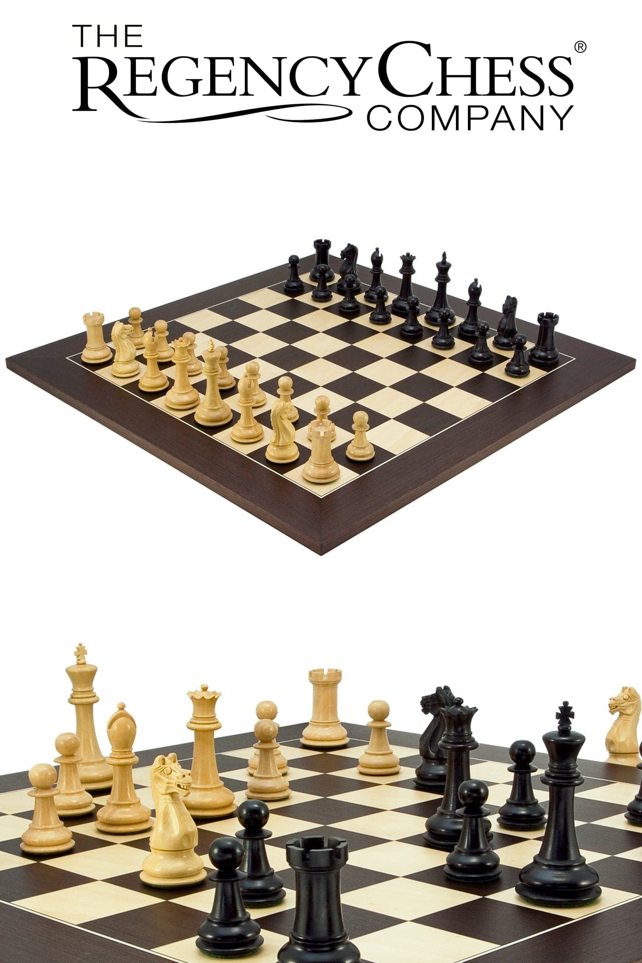 Oxford Series Black and Wenge Chess Set by Regency Chess Company featuring Staunton design, 3.75 inch king, and 19.7 inch wenge and maple board