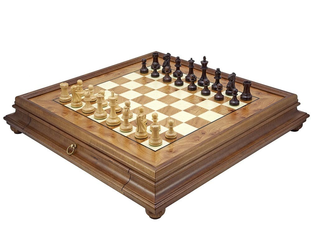 Supreme Rosewood and Briarwood Traditional Chess Set with Stunning Elm Cabinet and Drawer by Italfama.