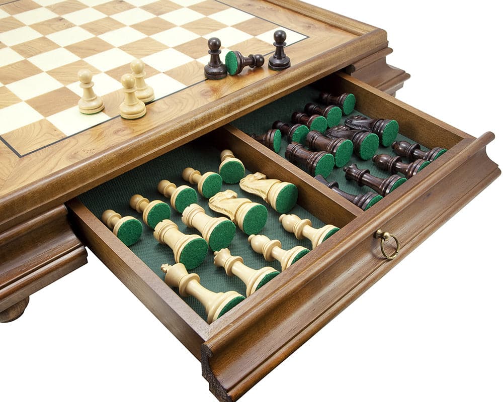 Supreme Rosewood and Briarwood Traditional Chess Set with drawer, featuring beautifully crafted chess pieces and balanced weighted bases.