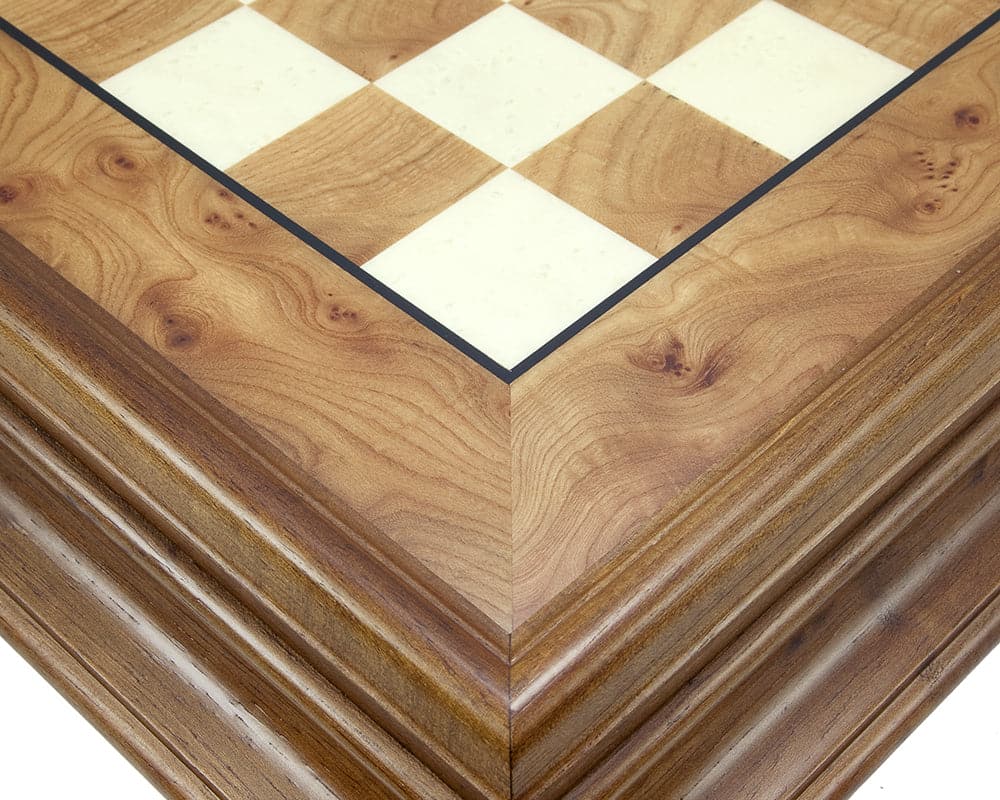 Supreme Rosewood and Briarwood Traditional Chess Set - close-up of beautifully crafted cabinet corner detailing.