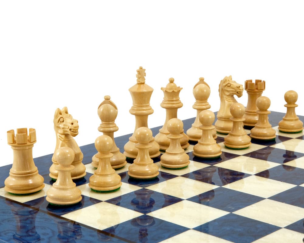 Handcrafted boxwood chess pieces on blue erable veneer chess board - Fierce Knight Blue Chess Set.