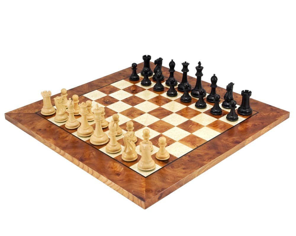 Victoria Burl Chess Set with Briarwood and Elm veneer board, featuring contrasting wood pieces, handmade in Italy with satin lacquer finish.